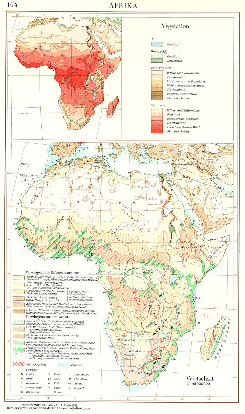 AFRICA.Afrika; Vegetation; Wirtschaft Economy 1958 old vintage map plan chart